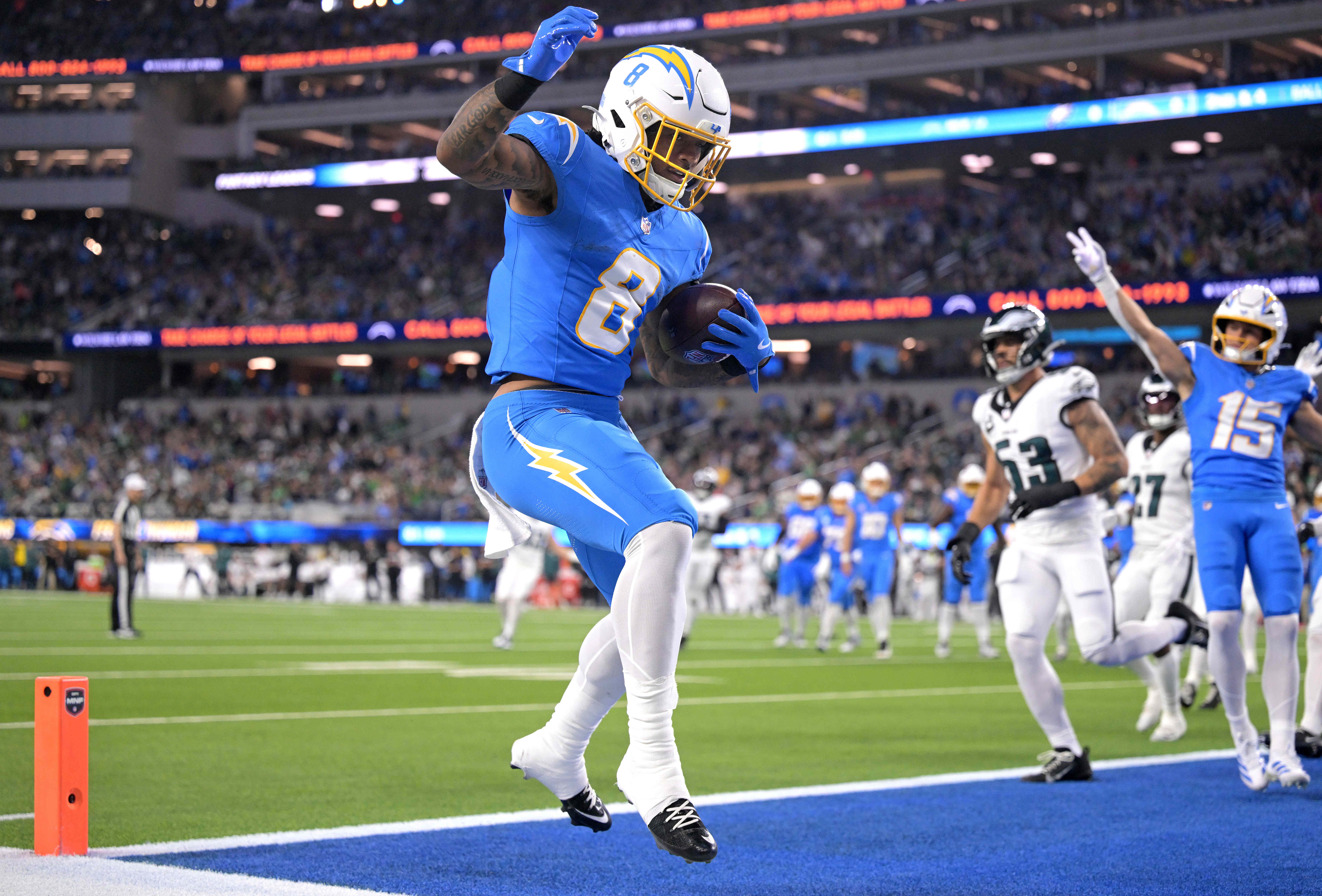 Chargers running back Omarion Hampton scores on a short touchdown...