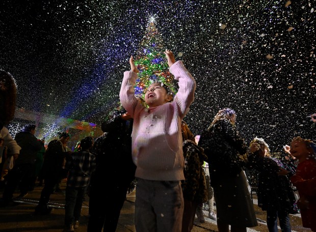 A child enjoys the fake snow moments after the lighting...