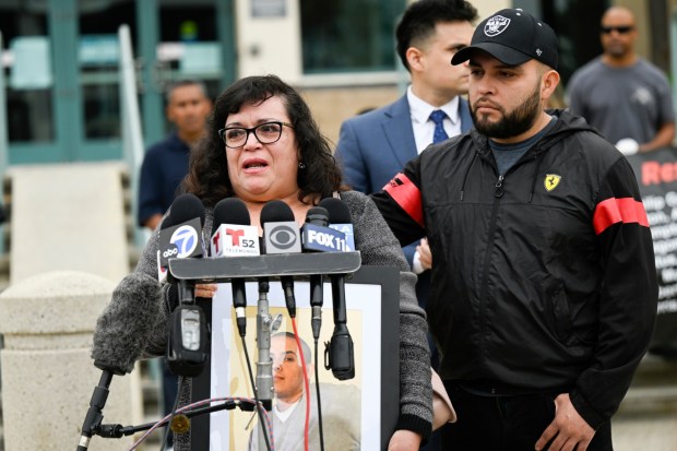 Sarah Solis, the mother of Mario Solis and his brother, Hugo Solis, addressed questions from the media at a news conference held outside George E. Brown, Jr. Courthouse in Riverside on Thursday, June 1, 2023. (Photo by Anjali Sharif-Paul, The Sun/SCNG)