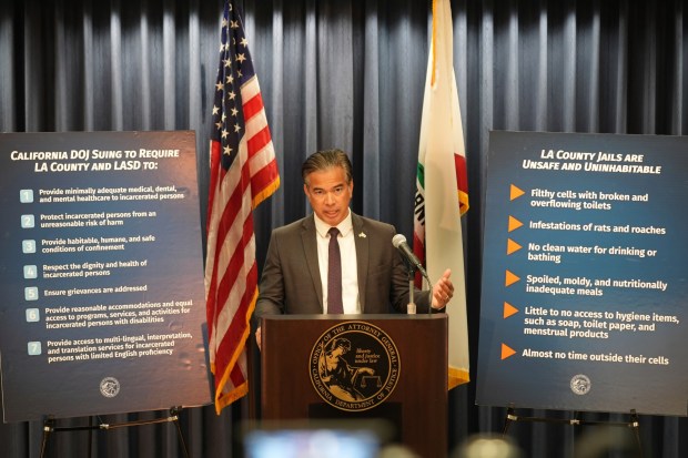 California Attorney General Rob Bonta announces his office has filed a lawsuit against the Los Angeles County Sheriff's Department, Los Angeles County, and County Correctional Health Services over unconstitutional and inhumane conditions at Los Angeles County jails in Los Angeles on Monday, Sept. 8, 2025. (AP Photo/Damian Dovarganes)