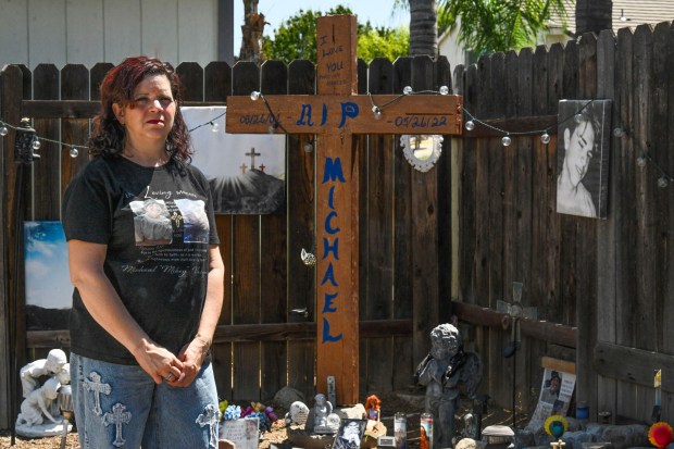 Kathy Nigro stands at a memorial for her son, 20-year-old Michael Vasquez, on Tuesday, Aug. 26, 2025 in Murrieta. Vasquez died of a fentanyl overdose at the Cois M. Byrd Detention Center in French Valley in 2022. His death was one of 18 in Riverside County jails that year. (Photo by Anjali Sharif-Paul, The Sun/SCNG)
