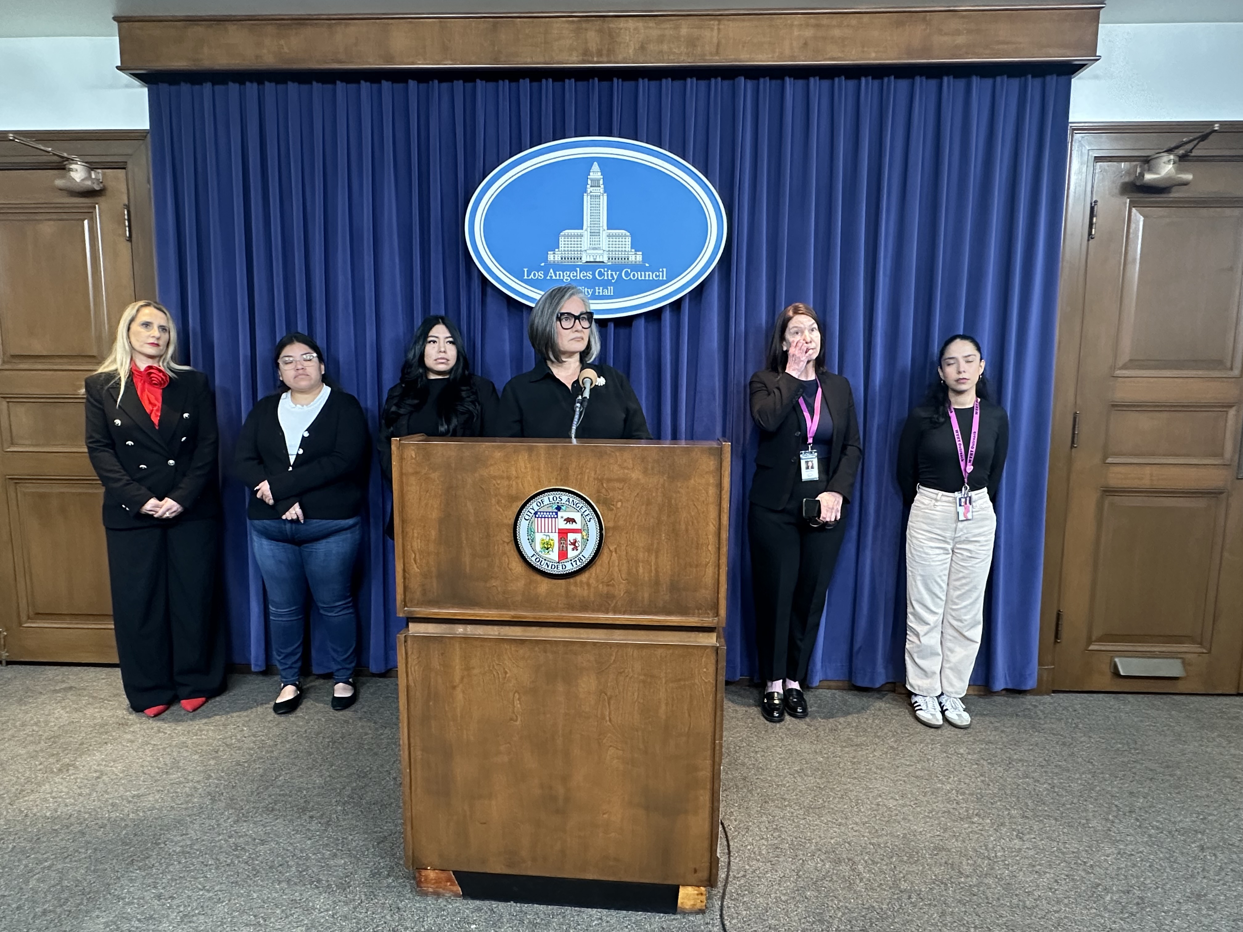 Los Angeles City Councilmember Monica Rodriguez speaks at a press...