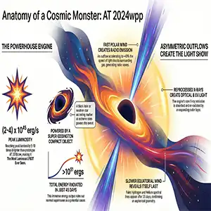 LFBOTs are truly cosmic monsters, powered by the shredding of a massive star by a black hole the mass of 100 suns. An LFBOT discovered last year, AT 2024wpp, provided the data astronomers needed to narrow down the origins of these bursts. Credit: Raffaella Margutti/UC Berkeley