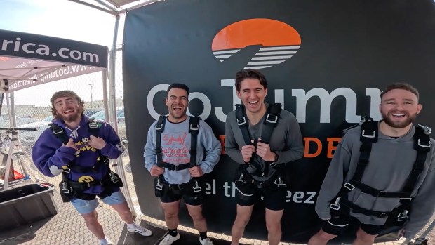 Jack Macfarlane, Rostam Reifschneider, Julian Davis and Jacob Church prepare to skydive as part of their "San Diego 10s" challenge to promote Davis' Avala Clothing brand. (Avala Clothing)