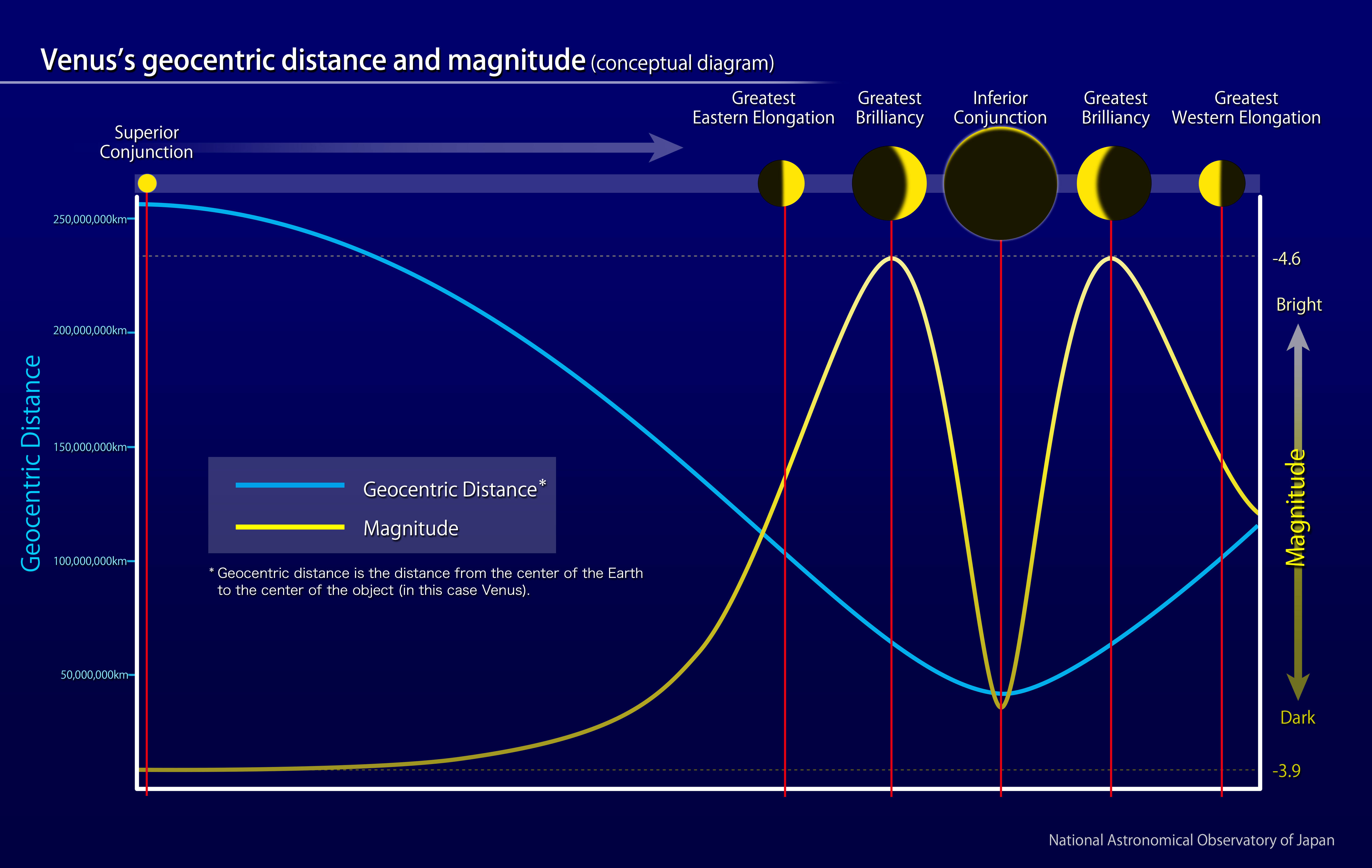 A graph depicting how Venus' distance and brightness from Earth vary over one full orbit.