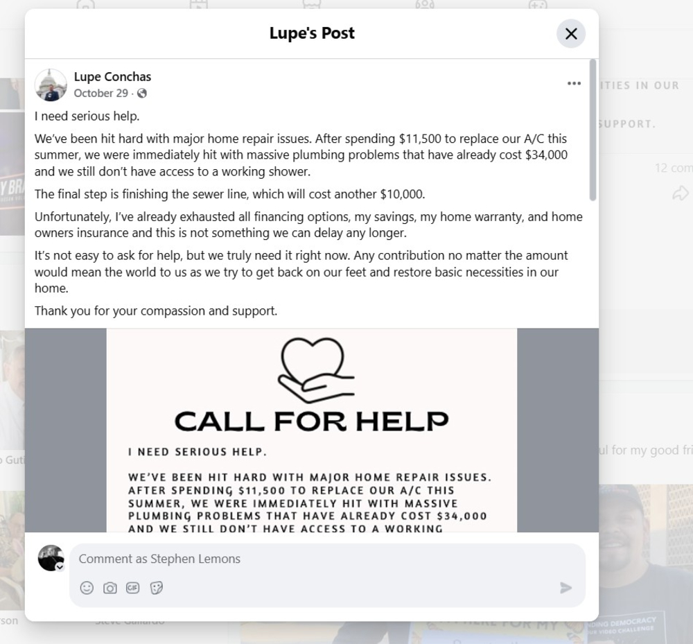 a facebook post from glendale city councilmember lupe conchas asking for donations to help with a home repair situation