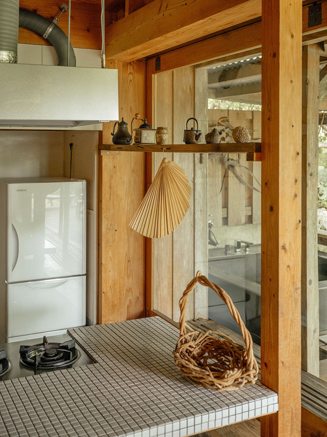 open shelf in front of window