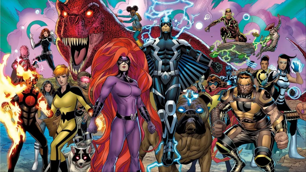 The Inhumans gathered together behind Black Bolt and Medusa