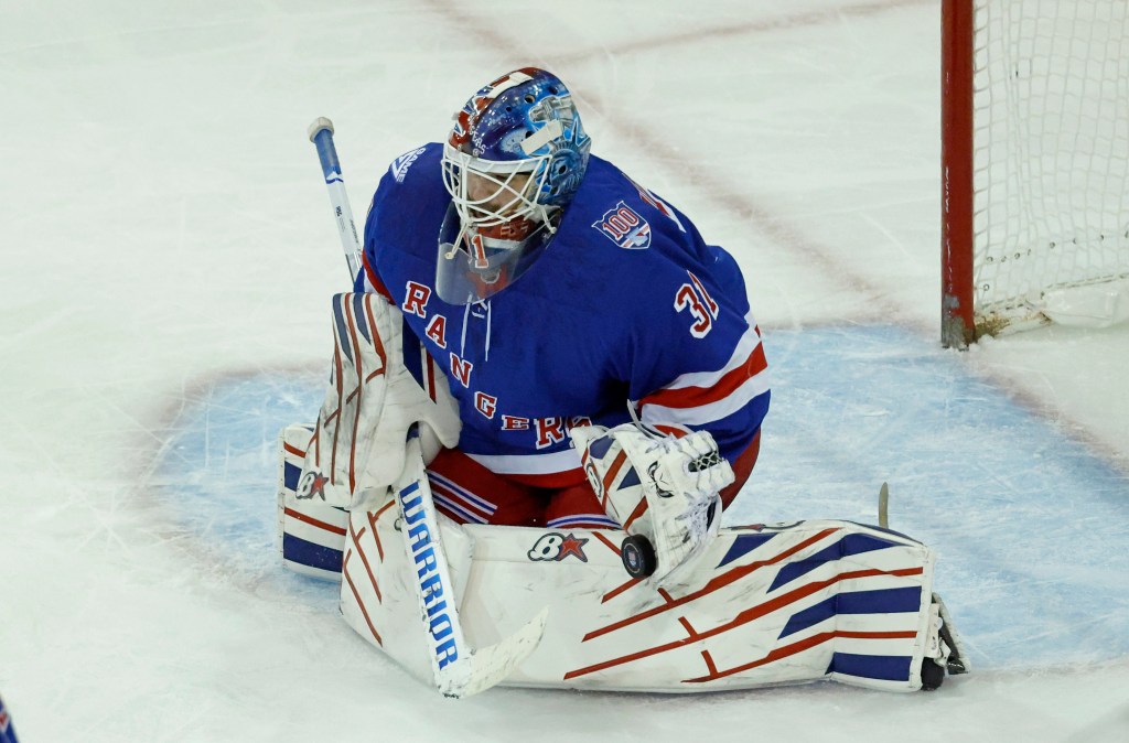 New York Rangers goaltender Igor Shesterkin makes a save in the second period at Madison Square Garden in New York, New York, December 02, 2025. 