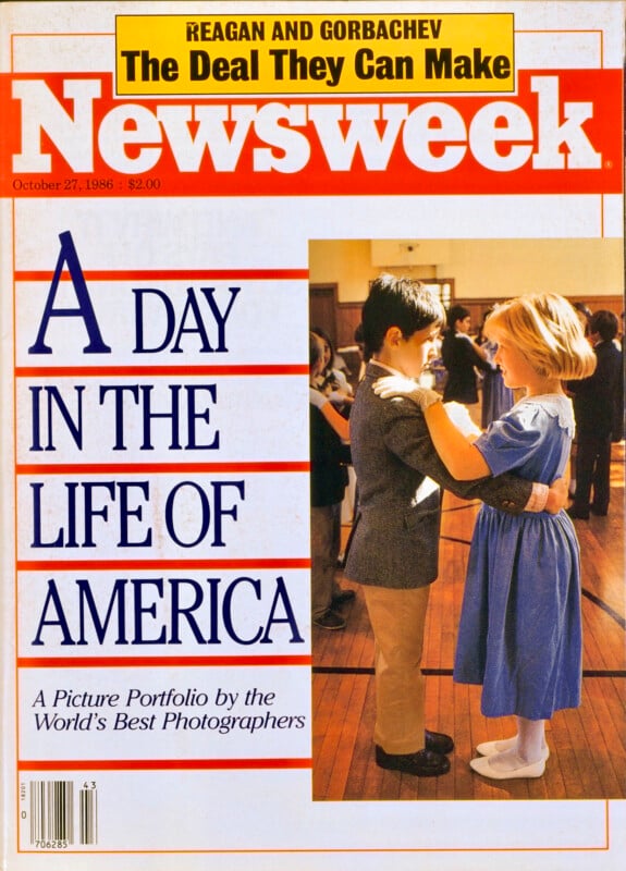 Newsweek cover dated October 27, 1986, featuring two children dancing in a sunlit room. The headline reads "A Day in the Life of America." A yellow banner above mentions Reagan and Gorbachev.