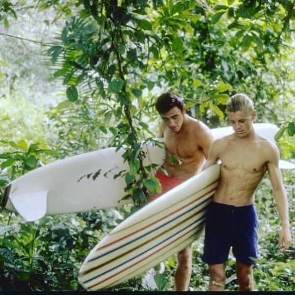 La Jolla surfer Mike Hynson (right) is pictured with Robert Aug. in the film "Endless Summer." (Courtesy of Peter Townend)