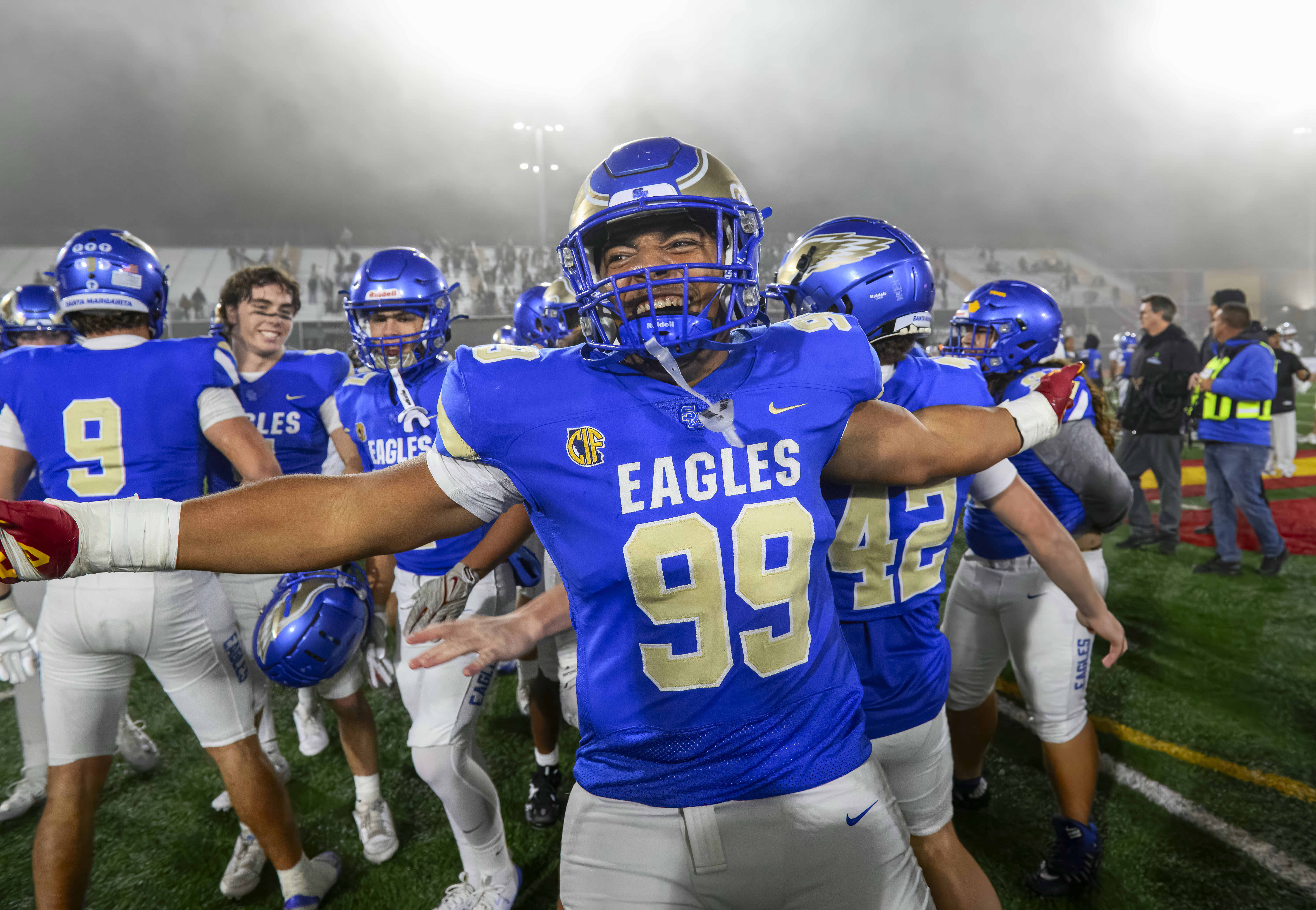 Santa Margarita defensive end Kingston Jimmerson celebrates after the Eagles...