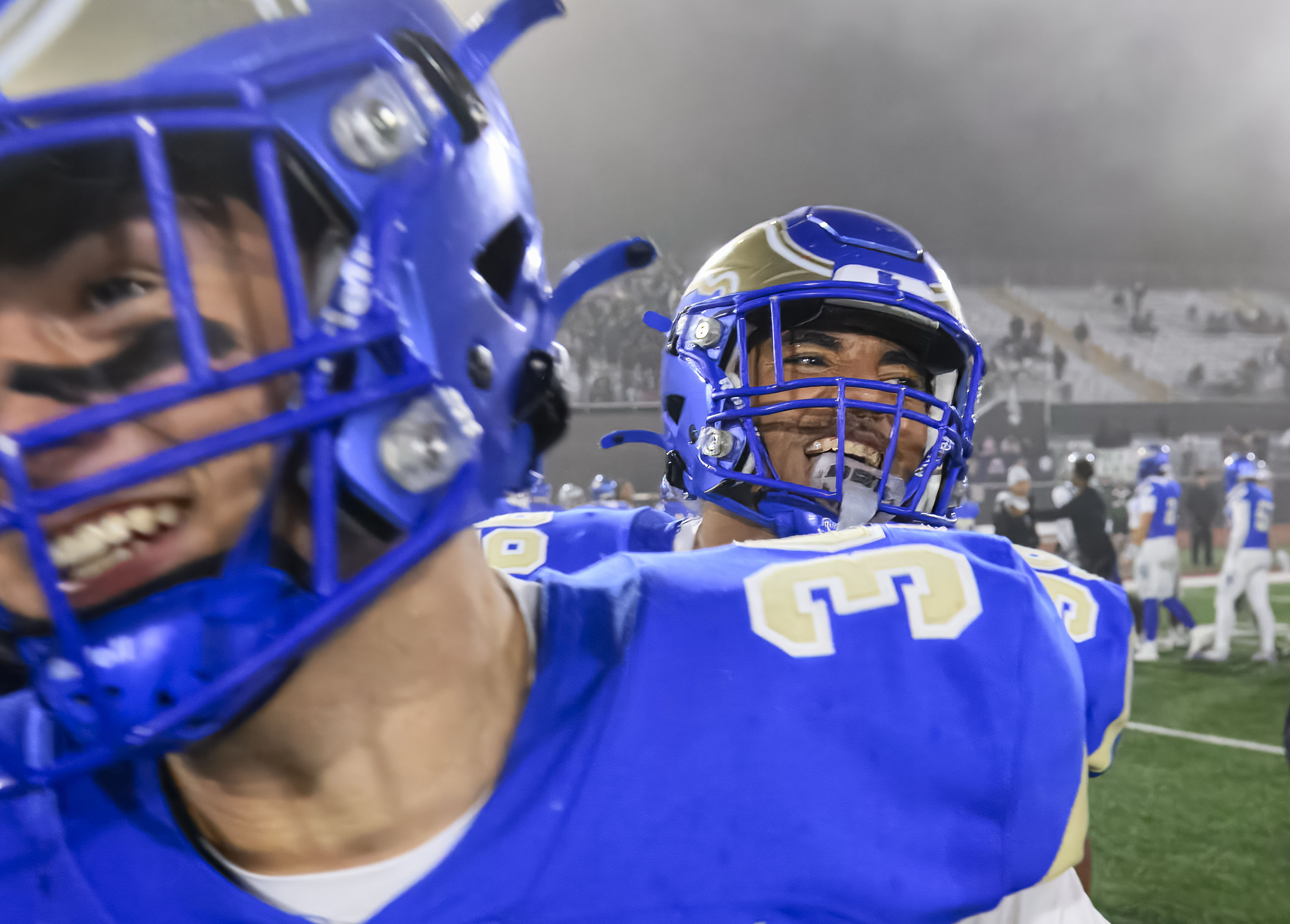 Santa Margarita defensive end Kingston Jimmerson, right, celebrates after the...
