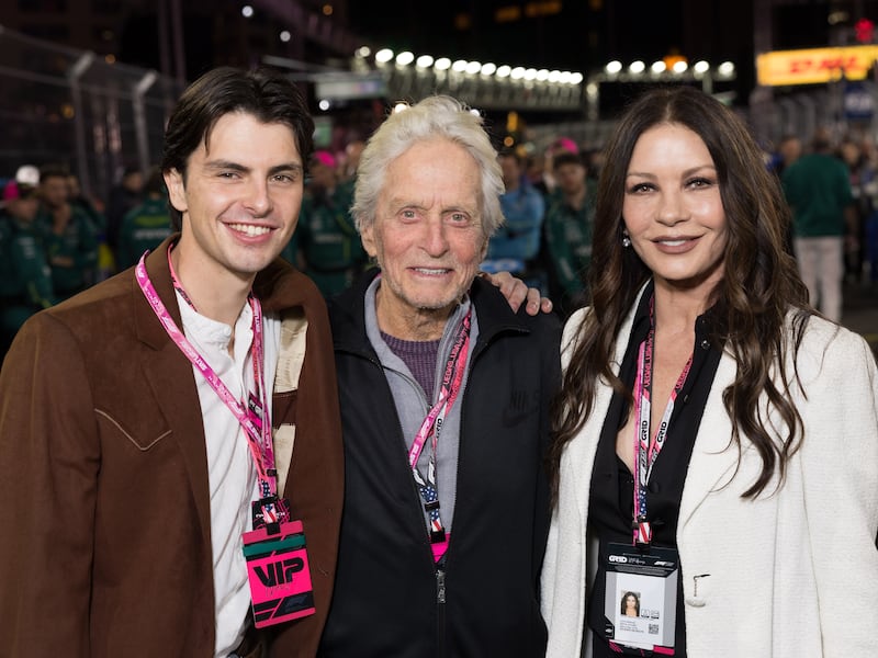 Dylan Douglas, Michael Douglas and Catherine Zeta-Jones during the F1 Grand Prix of Las Vegas