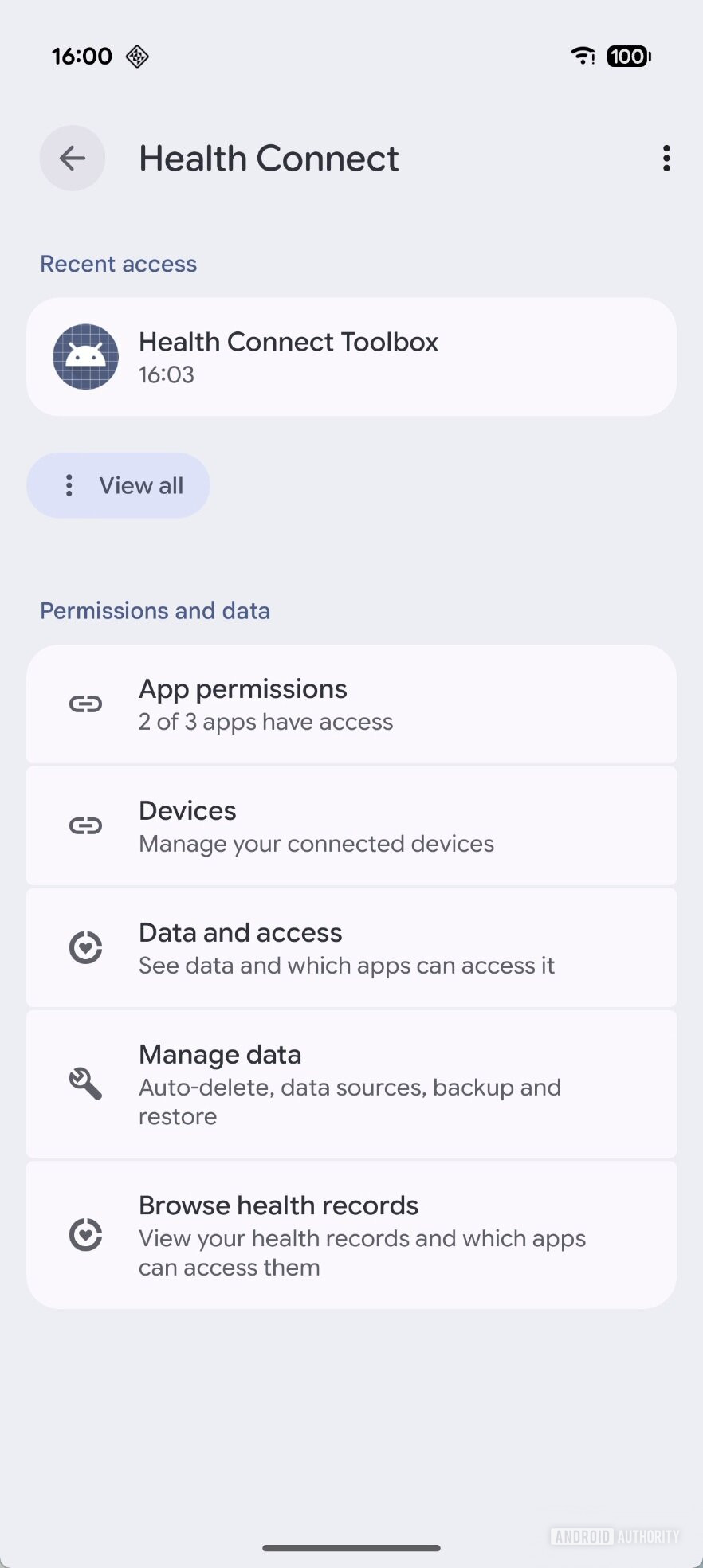 Old Health Connect page with recent activity