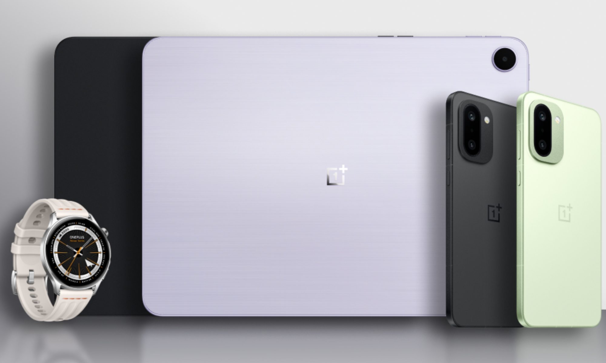 Picture of the OnePlus Watch Lite, Pad Go 2, and the OnePlus 15R.