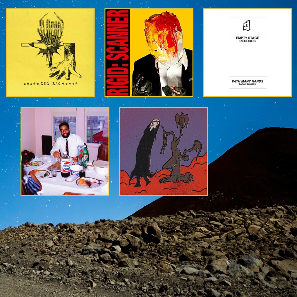 Cover artwork from overlooked Chicago releases by Sarah Clausen, Paul Coleman, Crisis Actress, Juicin, and Rigid, tiled over an image of the blue night sky from atop Mauna Kea