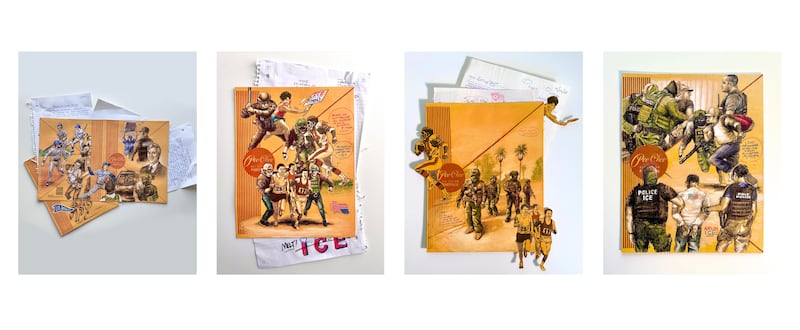 Recent works in Patrick Martinez’s Pee Chee folder series depict Los Angeles residents being targeted by immigration enforcement. (Photos courtesy of Patrick Martinez)