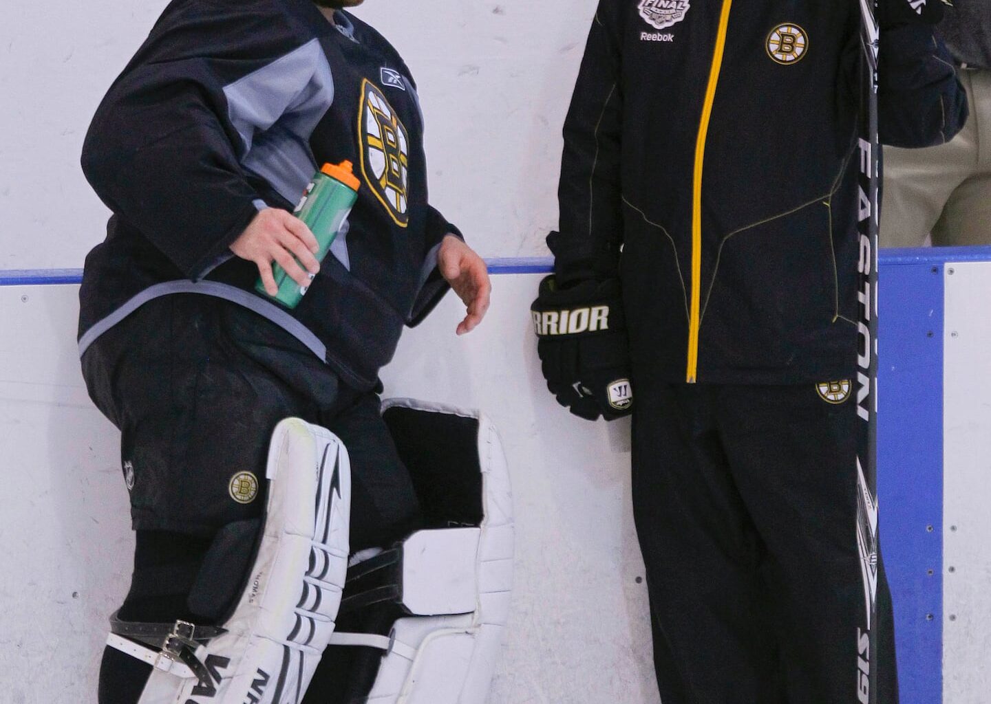 Bruins goalie coach Bob Essensa works with Tim Thomas in 2011, who is one of three different goalies he has coached during their Vezina Trophy-winning seasons.