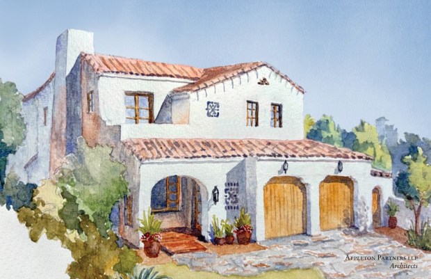 Case Study 2.0 architectural firm Appleton Partners LLP, with offices in Santa Monica and Santa Barbara, draws inspiration from early 20th-century Spanish Revival architecture of Pacific Palisades. This two-story, 3,345-square-foot home evokes nostalgia but is built for today. The kitchen flows into the family room and dining area, which open onto a generous loggia. Upstairs, three bedrooms each occupy a corner of the house while the primary bedroom suite takes up the rear half of the house for privacy. (Rendering by Appleton Partners LLP, courtesy of Case Study 2.0)