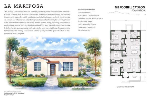 The design and floor plan for "La Mariposa," a Pueblo Revival home, is one of 30 plans created by The Foothill Catalog Foundation, a new nonprofit that hopes to offer a streamlined, more affordable way for Altadenans to rebuild their homes and still retain the town's diverse architectural spirit. (Photo courtesy of The Foothill Catalog Foundation)