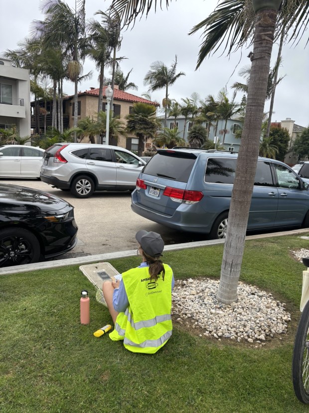 A volunteer monitoring traffic during beautifulPB's manual count in August. (Chris Olson)