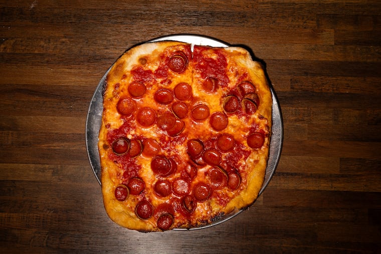 A top down view of a small pepperoni pizza offered at Italian Family Pizza on Monday, July 21, 2025, in Philadelphia.