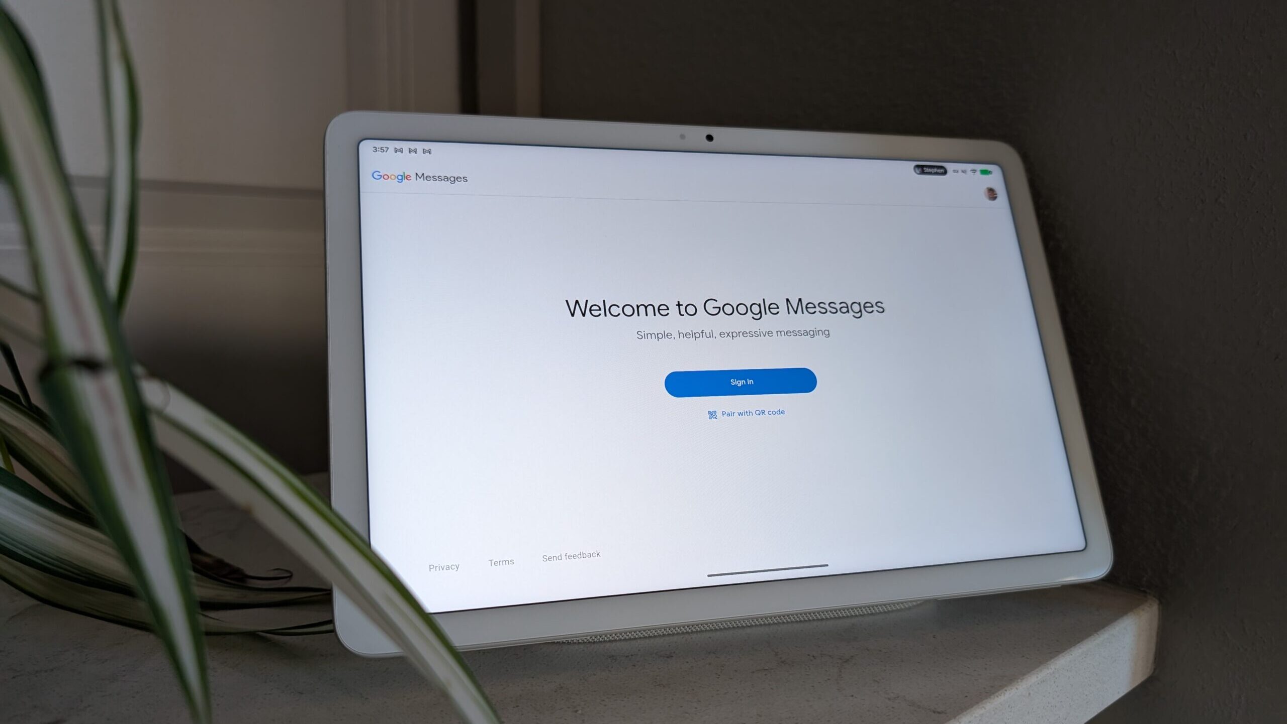 Google Messages, logged out, on Google Pixel Tablet