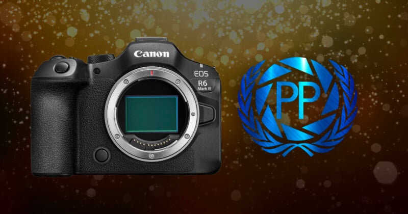 A Canon EOS R6 Mark II camera is displayed on the left, with a blue wreath and "PP" logo on the right, set against a brown background with sparkling light effects.