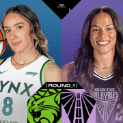 2025 WNBA PLAYOFFS MATCHUP BETWEEN VALKYRIES AND LYNX. VERONICA BURTON AND ALANNA SMITH PICTURED POSING AS COVER.