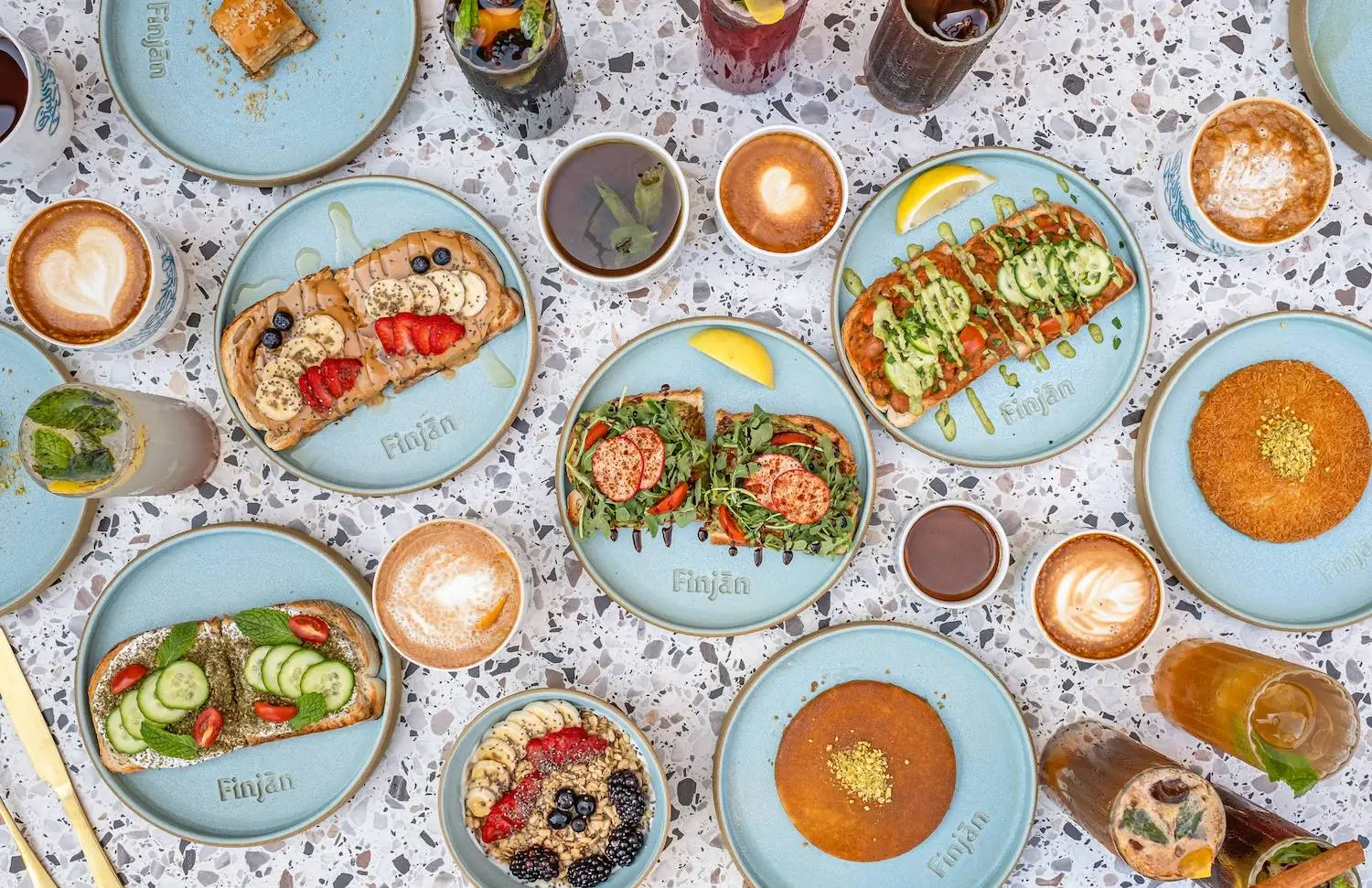 Food and coffee drinks from Finjan Coffee Co. opening a new location with Tahini in Mission Valley