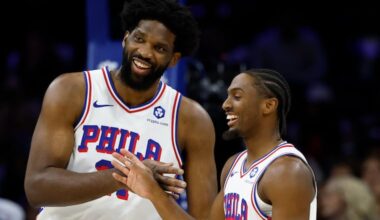 Sixers center Joel Embiid with guard Tyrese Maxey. The Sixers are back in action tonight against the New York Knicks.