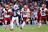 Dallas Cowboys wide receiver Kavontae Turpin (9) races past Washington Commanders cornerback...
