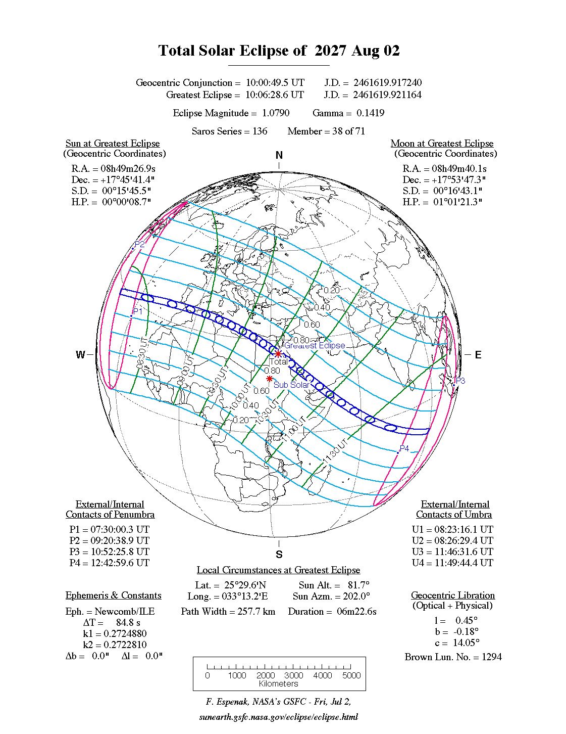 Mapa del eclipse solar total ms largo del siglo.