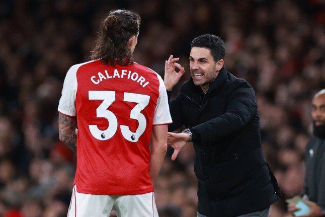 LONDON, ENGLAND - DECEMBER 03: Mikel Arteta manager / head coach of Arsenal with Riccardo Calafiori during the Premier League match between Arsenal and Brentford at Emirates Stadium on December 03, 2025 in London, England. (Photo by Marc Atkins/Getty Images)