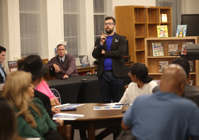 Ben Mackey speaks during a Dallas ISD Board of Trustees 2026 bond program meeting at Sunset...