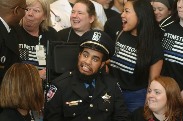 Park Forest police Officer Timothy Jones, who was shot in the line of duty in March 2016 and suffered life-threatening injuries, won his release from Marianjoy Rehabilitation Hospital in Wheaton, May 26, 2017. (Zak Koeske/Daily Southtown)