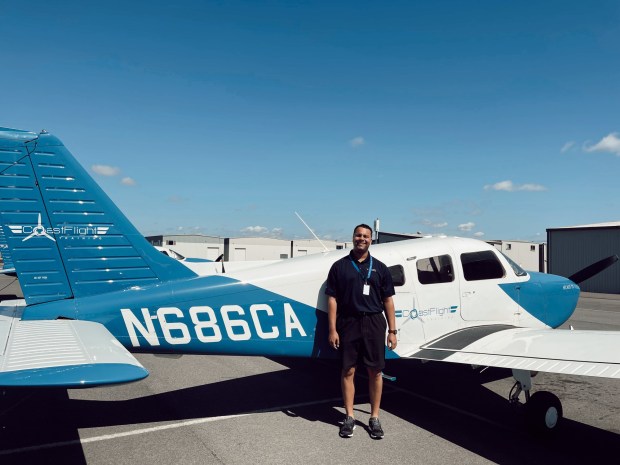 Triston Sanderson, seen here, joined 17 other student pilots on Tuesday in filing a $36 million lawsuit alleging fraud and other claims against American Airlines and San Diego-based Coast Flight Training. The suit alleges that false promises induced them to join the American Airlines Cadet Academy, which they say ended up being costlier and taking longer to complete than advertised. (Courtesy of Triston Sanderson via Sanford Heisler Sharp McKnight law firm)