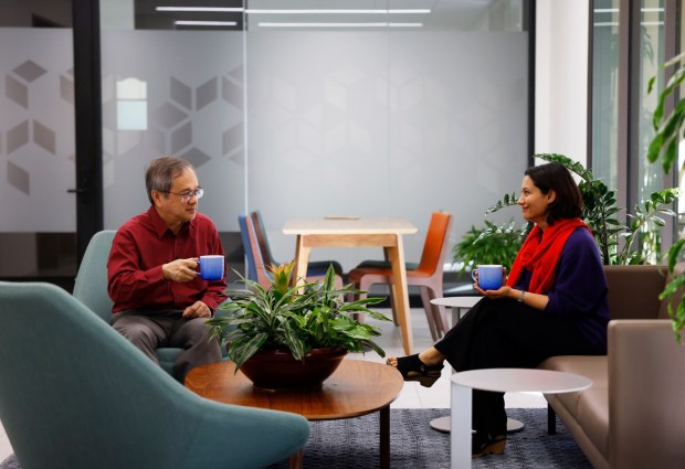 San Diego, CA - December 18: Professor Alan Gin has a coffee with fellow professor Sara Esfahani in the faculty lounge at the Knauss Center for Business Education at the University of San Diego on December 18, 2025 in San Diego, CA. (K.C. Alfred / The San Diego Union-Tribune)