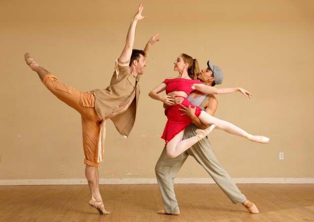 Marshall Whiteley, left, Stephanie Maiorano and Jonas Olivera photographed rehearsing last January for San Diego Ballet's "Carnival of the Animals" and "Tangata," presented in La Jolla Feb. 15, 2025. (K.C. Alfred / The San Diego Union-Tribune)
