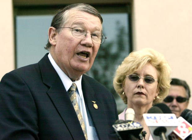 U.S. Rep. Randy "Duke" Cunningham during a news conference in July 2005. (AP Photo/Lenny Ignelzi, file)