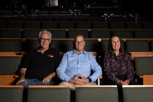Cygnet Theatre co-founders Sean Murray, left, Bill Schmidt and Lisa Johnson, the president and CEO of Arts District Liberty Station, on Thursday, Aug. 28, 2025 in San Diego, CA. (Ana Ramirez / The San Diego Union-Tribune)