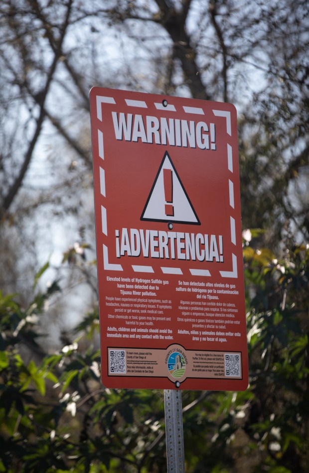 A sign warning about hydrogen sulfide gas in the area on Thursday, Dec. 11, 2025 in San Diego, CA. (Ana Ramirez / The San Diego Union-Tribune)