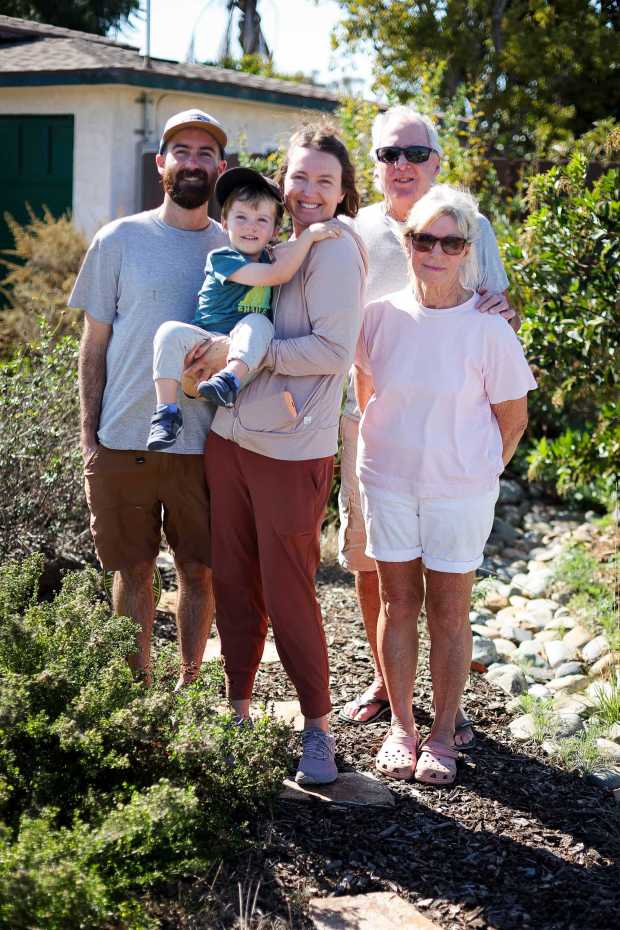 Parker, Nolan, 2, and Kim Richardson and Don and Patti Boone pose for a photo inside their garden at their home on Thursday, Nov. 6, 2025 in Chula Vista, California. (Meg McLaughlin / The San Diego Union-Tribune)
