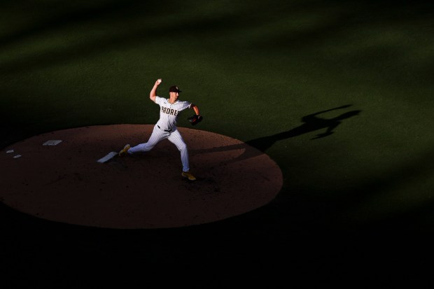 Bryan Hoeing #78 of the San Diego Padres pitches against the Philadelphia Phillies during the fifth inning at Petco Park on Saturday, July 12, 2025 in San Diego, CA. (Meg McLaughlin / The San Diego Union-Tribune)