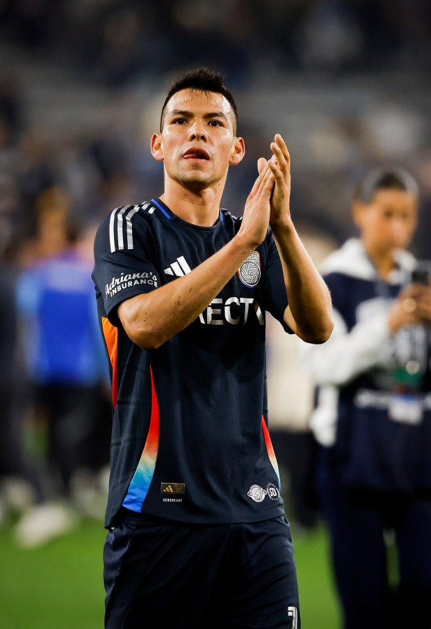SDFC's Hirving Lozano acknowledges the fans after losing to the Vancouver Whitecaps in the Western Conference final at Snapdragon Stadium on Saturday. (Meg McLaughlin / The San Diego Union-Tribune)