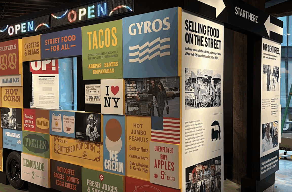 Visitors enter the exhibition through a “Mega Cart,” a blown-up model of a street food truck. (Credit: Ambra Schuster)