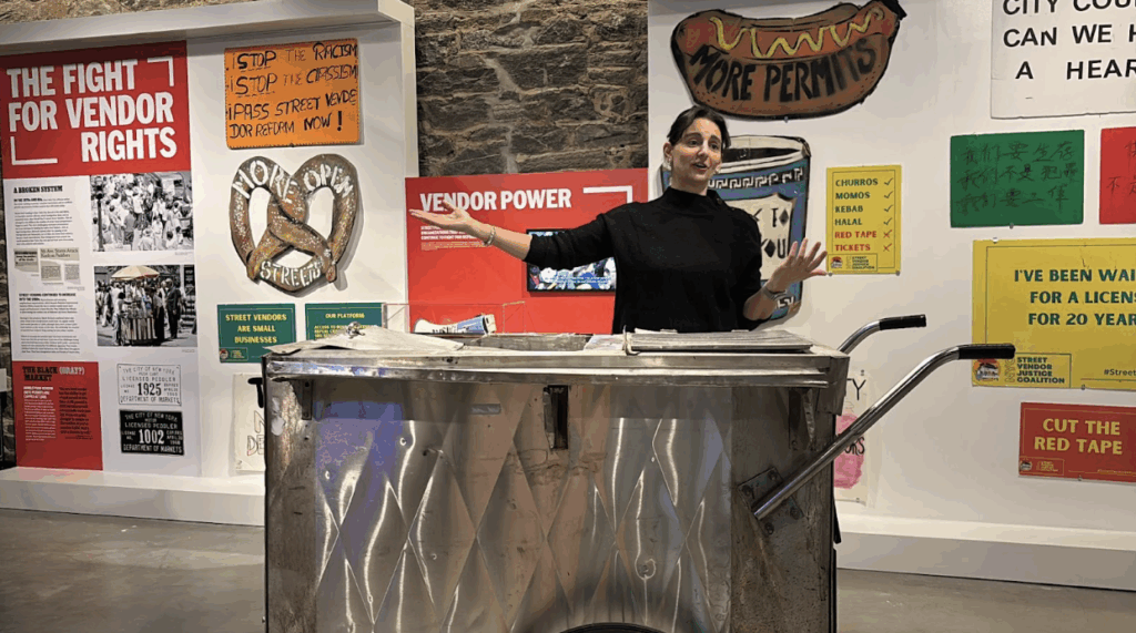 Nazli Parvizi, president of MOFAD, talks about the exhibition’s “Call to Action” corner. (Credit: Ambra Schuster)