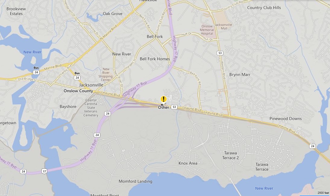 Site of closure on U.S. 24 in Jacksonville is marked with a yellow circle with an exclamation point. Map: drivenc.gov