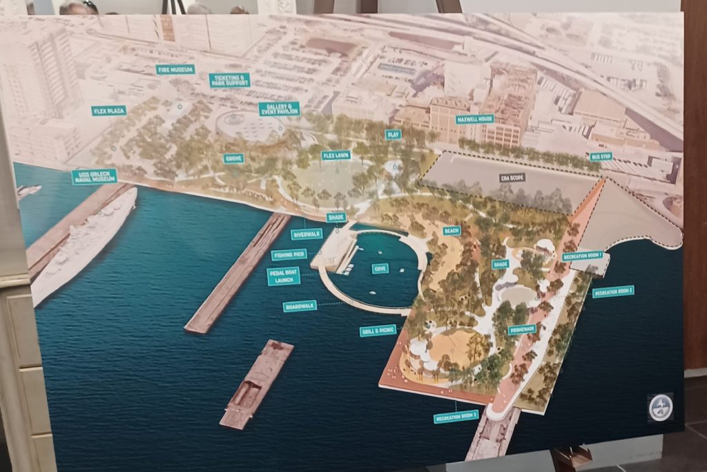 An aerial view of what Shipyards West Park could look like by the end of 2028, the estimated completion date for Jacksonville’s newest riverfront park.